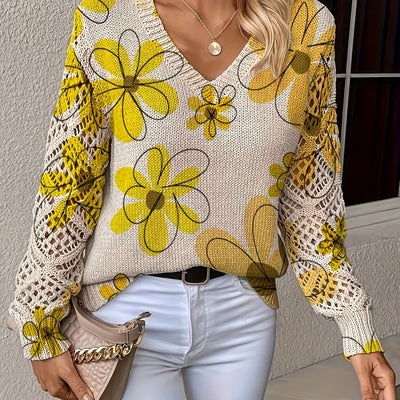 Lange™ | Elegante V-hals Lange Mouwen Top Met Bloemenprint, Bohemian Stijl