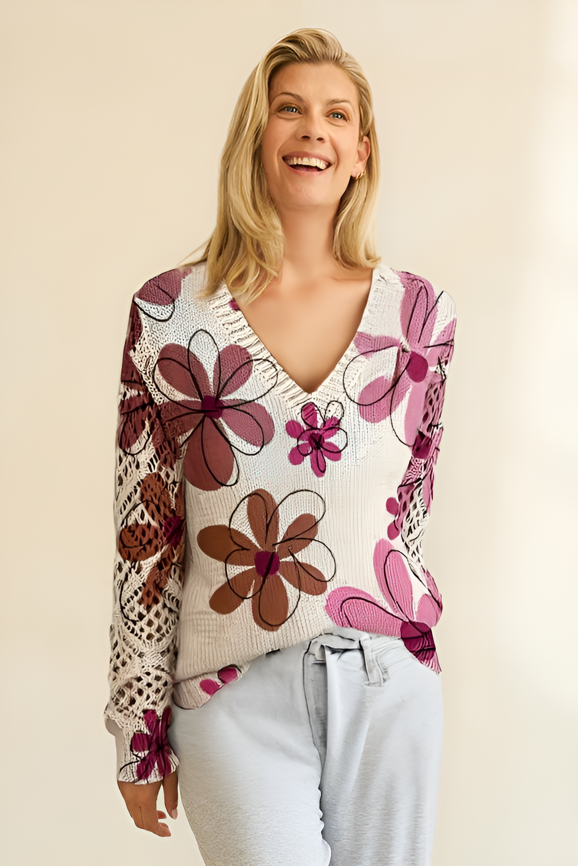 Lange™ | Elegante V-hals Lange Mouwen Top Met Bloemenprint, Bohemian Stijl