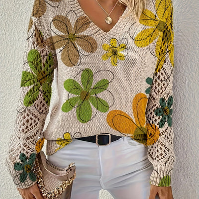Lange™ | Elegante V-hals Lange Mouwen Top Met Bloemenprint, Bohemian Stijl