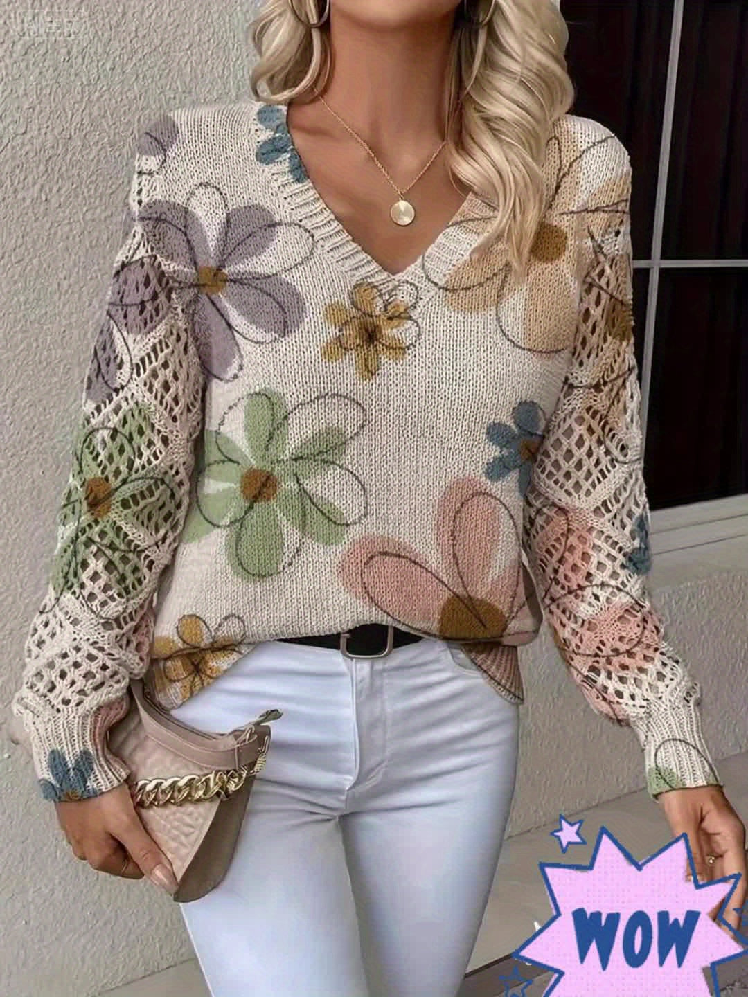 Lange™ | Elegante V-hals Lange Mouwen Top Met Bloemenprint, Bohemian Stijl