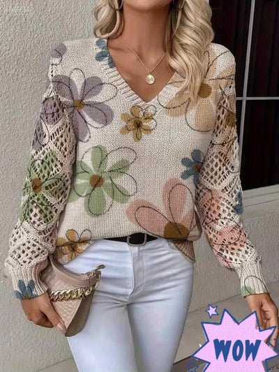 Lange™ | Elegante V-hals Lange Mouwen Top Met Bloemenprint, Bohemian Stijl
