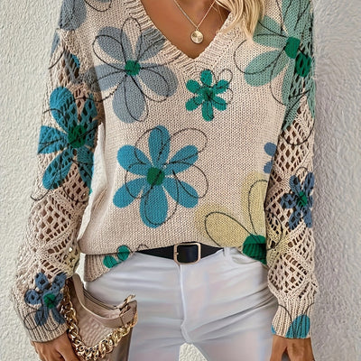 Lange™ | Elegante V-hals Lange Mouwen Top Met Bloemenprint, Bohemian Stijl