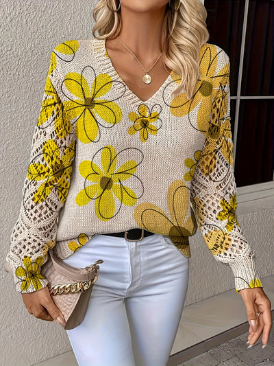 Lange™ | Elegante V-hals Lange Mouwen Top Met Bloemenprint, Bohemian Stijl